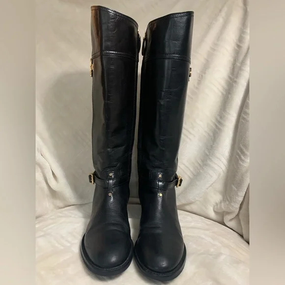 Tory Burch Black Heeled Boots with Gold Accents - Picture 4 of 5